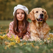 Golden Retriever, girl, autumn, Leaf, Meadow, dog