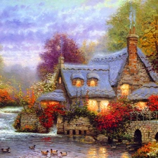 autumn, Thomas Kinkade, River, bridge, house