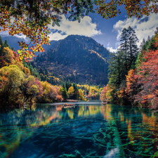 Jiuzhaigou National Park, Sichuan Province, woods, Ngawa, China, Mountains, lake