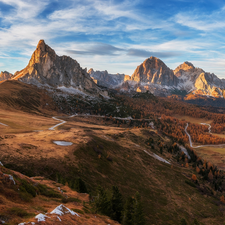 Province of Belluno, Italy, pass, Mountains, Way, autumn, viewes, Dolomites, Mountains, trees, Passo di Giau