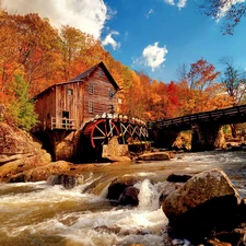 Windmill, forest, autumn, River