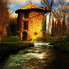 Windmill, River, autumn, water