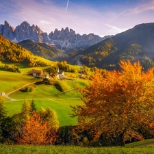 trees, woods, viewes, Mountains, Village of Santa Maddalena, Houses, autumn, Italy, Church, Massif Odle, Val di Funes Valley, Dolomites