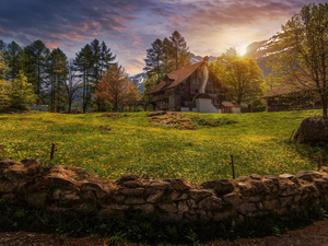 trees, Ballenberg Village, Mountains, Sunrise, house, Switzerland, Ballenberg Swiss Open-Air Museum, clouds, viewes, ledge