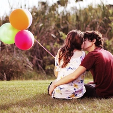 Balloons, grass, Steam, kiss, Love