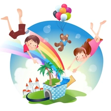 Kids, teddy bear, Balloons, Great Rainbows
