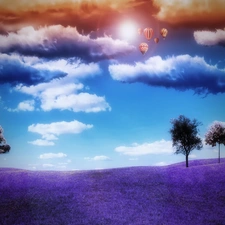 Violet, clouds, Balloons, Meadow