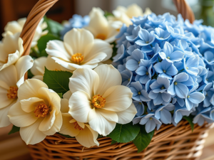 Blue, cream, wicker, basket, hydrangea, camellia