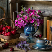 cherries, composition, basket, cups, Books, jug, Flowers, Fragrant Peas, coffee