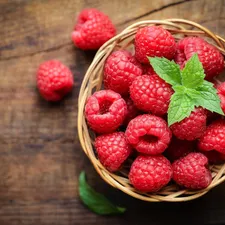 basket, raspberries, leaves