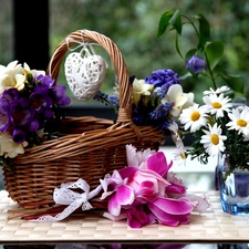 basket, Heart teddybear, flowers, wicker, Bouquets