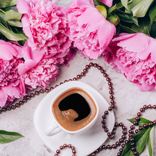 coffee, beads, Peonies, cup, Flowers