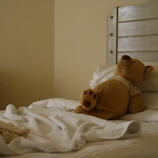 teddy bear, resting, White Bed, plush toy