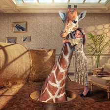 interior, girl, Armchair, giraffe, straw, Room, Funny, Bele