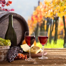cheese, Bench, decoration, barrel, viewes, Grapes, Wine, trees