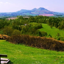 Mountains, medows, Bench, woods