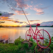 fishing rod, lake, Bike