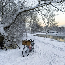 Park, River, Bikes, snow