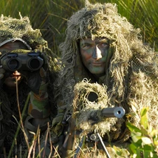Masked, carbine, binoculars, soldiers