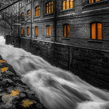 Houses, Leaf, Black and white, River