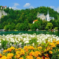 lake, church, Bled, Slovenia, Flowers, Castle