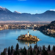 Bled, Slovenia, lake, Island, Mountains