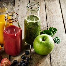 Apple, Juices, orange, blueberries, lychee, Bottles