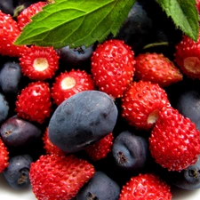 Fruits, mint, blueberries, Strawberries