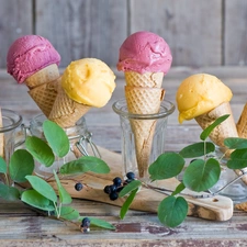 leaves, ice cream, blueberries
