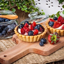 jar, blueberries, Muffins, strawberries, board