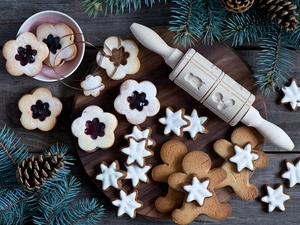 Flowers, Christmas, ##, humans, Twigs, boarding, board, Stars, Cookies, cones, bowl