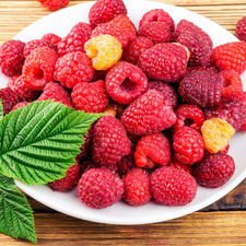 plate, boarding, raspberries, leaf, Fruits