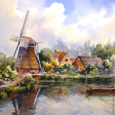 Boat, Houses, Windmill, River, picture