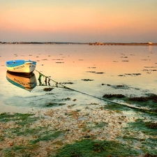 lake, sun, Boat, west