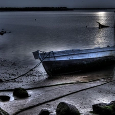 Boat, lake, Stones