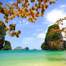 trees, sea, boats, autumn, viewes, rocks