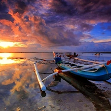 boats, clouds, sun, sea, west