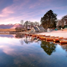 Boats, Houses, lake, Beaches, Mountains