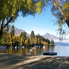 lake, Coast, boats, Mountains