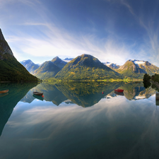 lake, Home, boats, Mountains