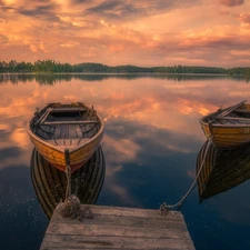 boats, Norway, Platform, Great Sunsets, lake, Ringerike