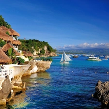 sea, Mountains, Boats, Coast