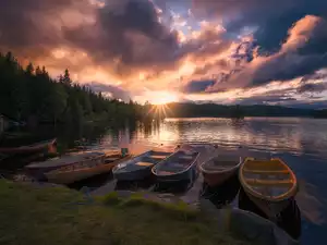 Great Sunsets, Lake Øyangen, viewes, boats, trees, Ringerike, Norway, forest