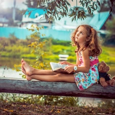 Book, girl, teddybear