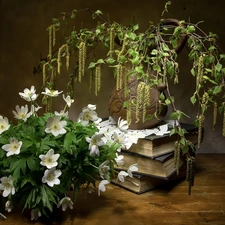 Anemones, composition, birch, Books, Twigs, Flowers
