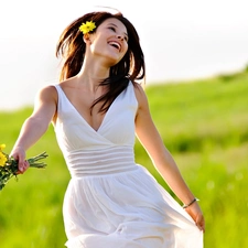 bouquet, flowers, girl, Meadow, happy