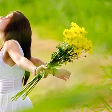 bouquet, flowers, girl, Meadow, Romantic