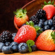 strawberries, blueberries, bowl, blackberries