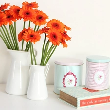 Orange, White, Boxes, Book, gerberas, bottles