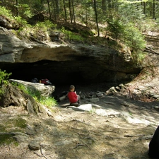 cave, trees, boy, doggy, Stones, viewes